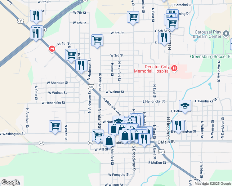 map of restaurants, bars, coffee shops, grocery stores, and more near 311 West Walnut Street in Greensburg