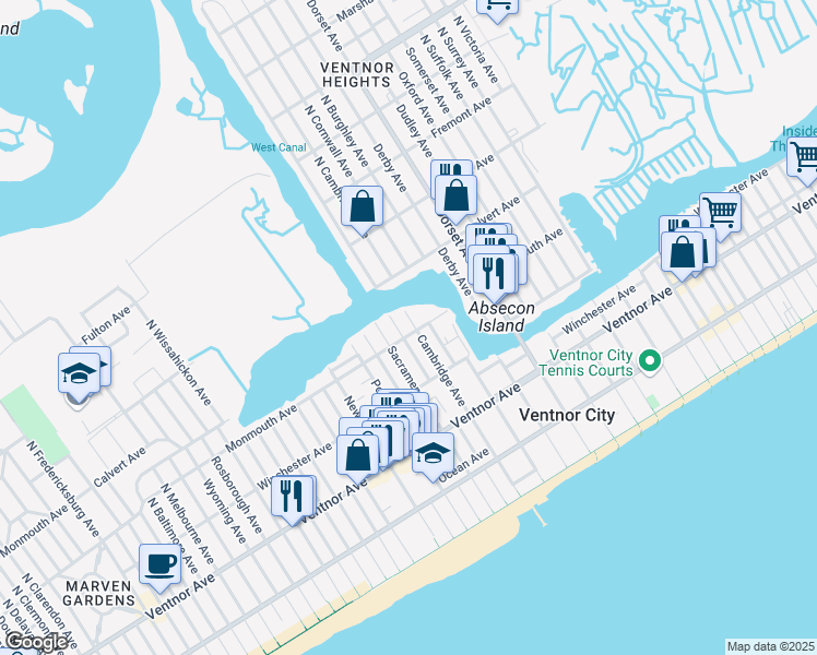 map of restaurants, bars, coffee shops, grocery stores, and more near 202 North Cambridge Avenue in Ventnor City