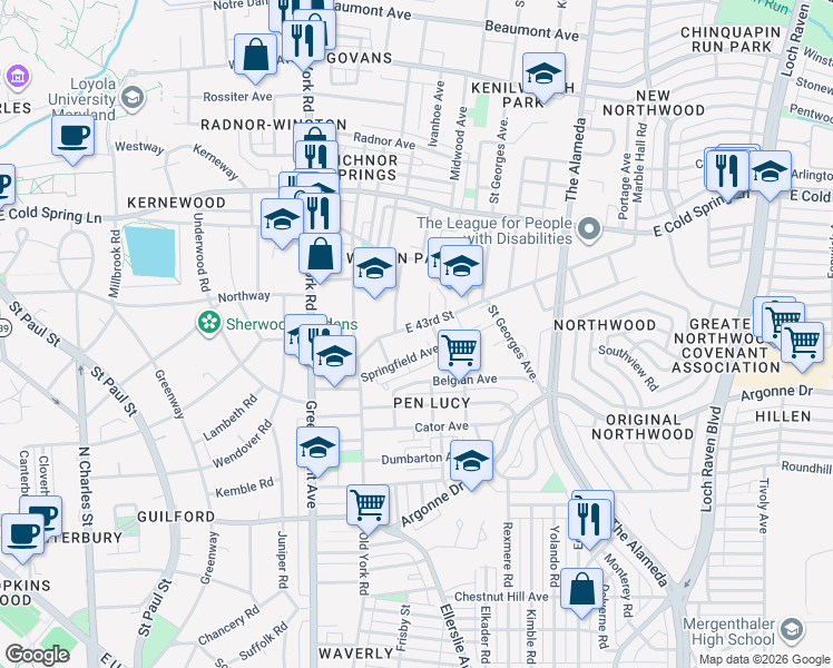 map of restaurants, bars, coffee shops, grocery stores, and more near 715 East 43rd Street in Baltimore