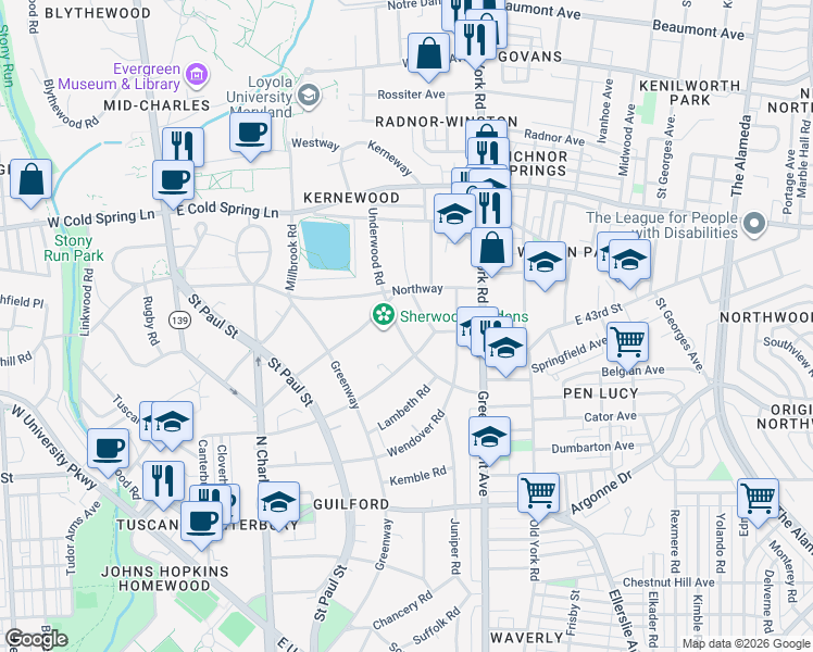 map of restaurants, bars, coffee shops, grocery stores, and more near 4307 Underwood Road in Baltimore