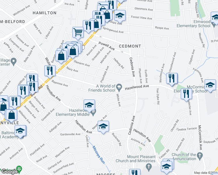 map of restaurants, bars, coffee shops, grocery stores, and more near 4610 White Avenue in Baltimore