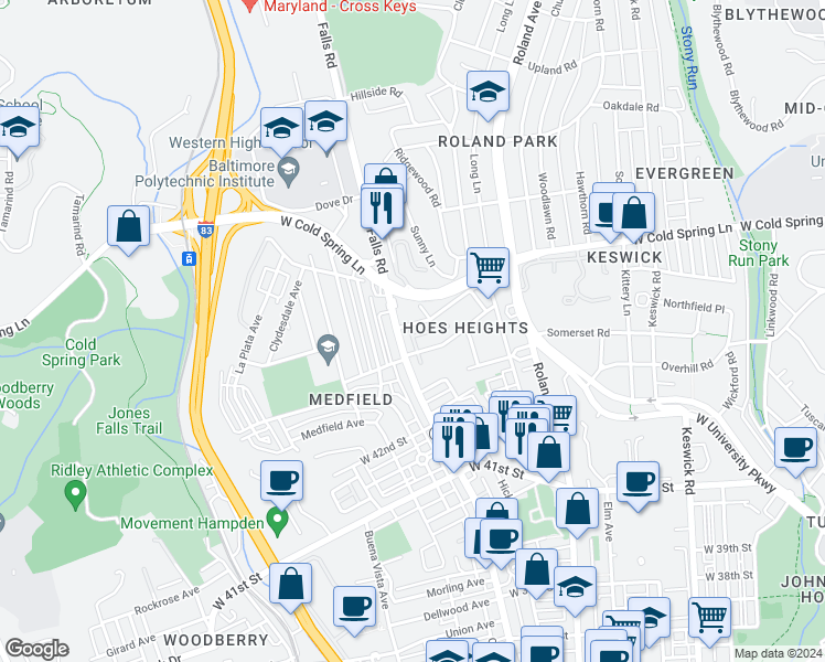 map of restaurants, bars, coffee shops, grocery stores, and more near 1125 Woodheights Ave in Baltimore