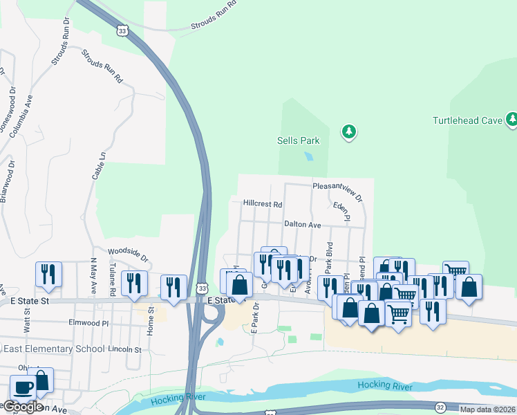 map of restaurants, bars, coffee shops, grocery stores, and more near 48 Strathmore Boulevard in Athens