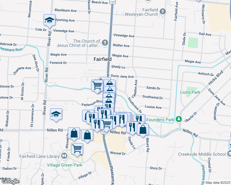 map of restaurants, bars, coffee shops, grocery stores, and more near 5021 Southview Drive in Fairfield