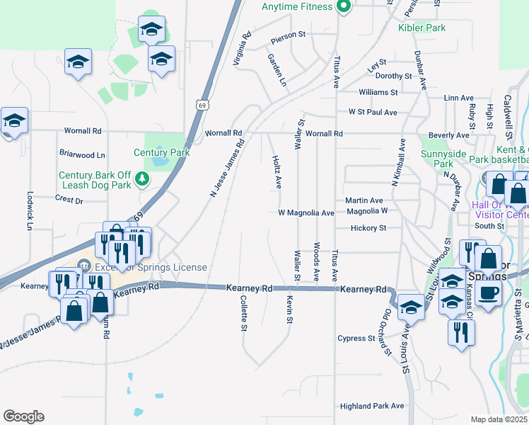map of restaurants, bars, coffee shops, grocery stores, and more near 300 Holtz Street in Excelsior Springs