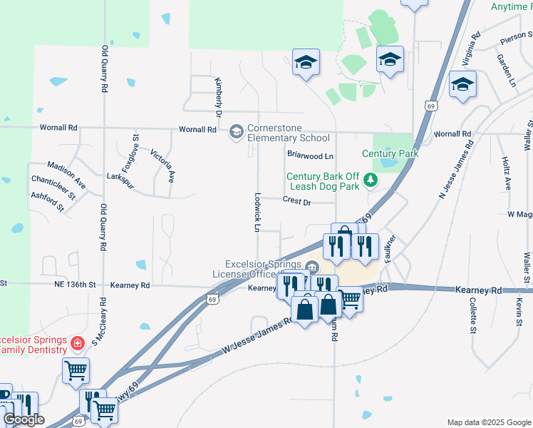 map of restaurants, bars, coffee shops, grocery stores, and more near 203 Lodwick Lane in Excelsior Springs