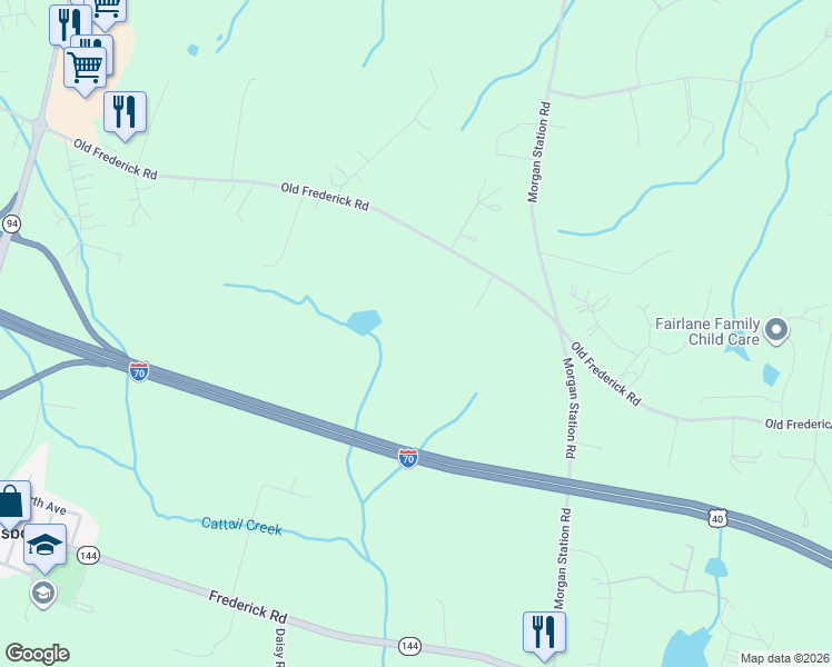 map of restaurants, bars, coffee shops, grocery stores, and more near 15475 Old Frederick Road in Woodbine