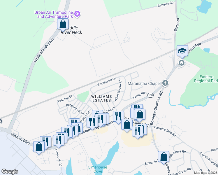 map of restaurants, bars, coffee shops, grocery stores, and more near 3525 Honeysuckle Lane in Middle River