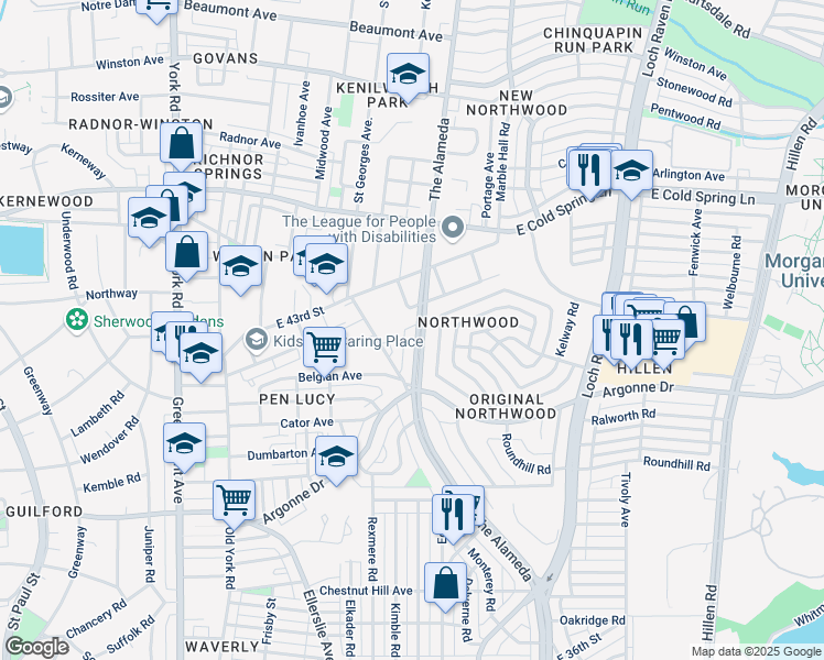 map of restaurants, bars, coffee shops, grocery stores, and more near 4146 The Alameda in Baltimore