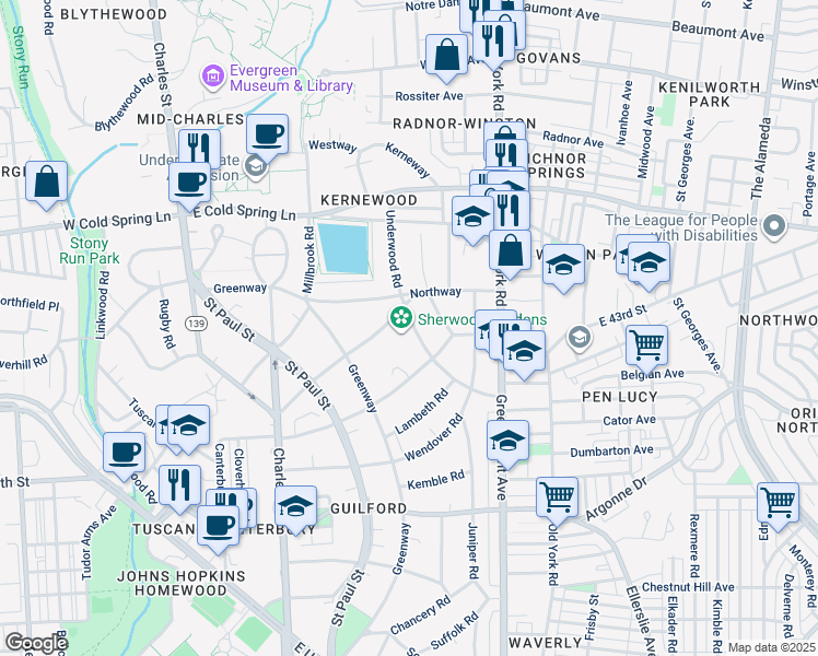 map of restaurants, bars, coffee shops, grocery stores, and more near 4310 Underwood Road in Baltimore