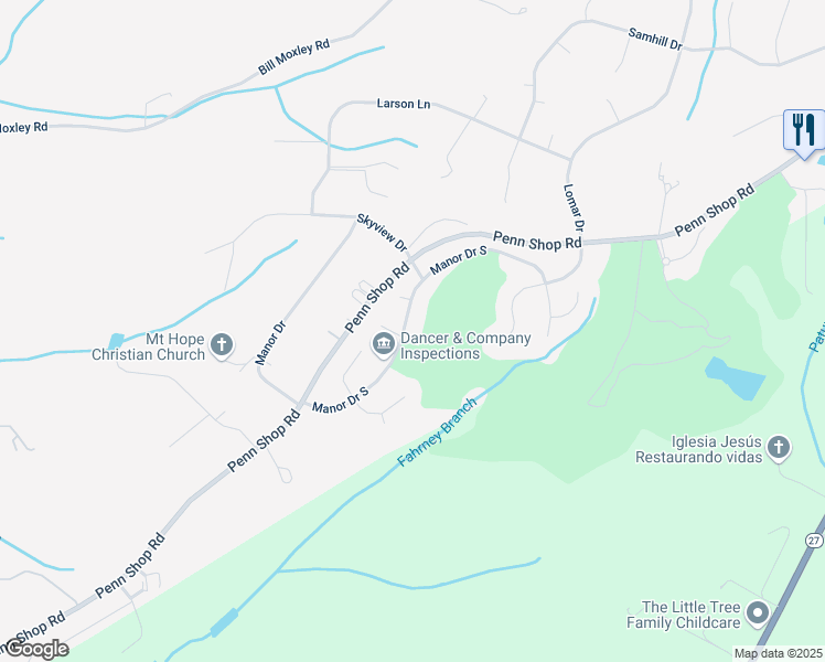 map of restaurants, bars, coffee shops, grocery stores, and more near 13221 Manor Drive South in Mount Airy
