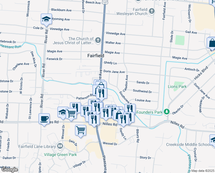 map of restaurants, bars, coffee shops, grocery stores, and more near 5021 Southview Drive in Fairfield