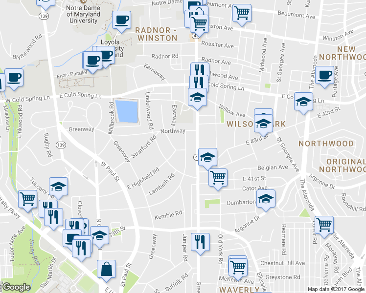 map of restaurants, bars, coffee shops, grocery stores, and more near 404 Marlow Road in Baltimore