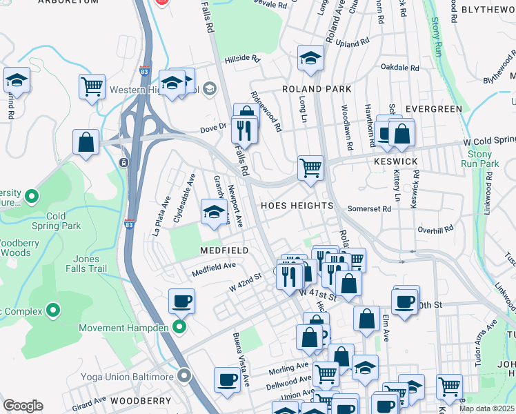 map of restaurants, bars, coffee shops, grocery stores, and more near 4333 Falls Road in Baltimore