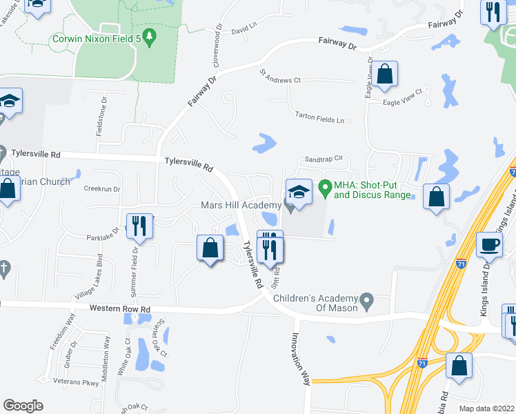 map of restaurants, bars, coffee shops, grocery stores, and more near 6662 Pondfield Lane in Mason
