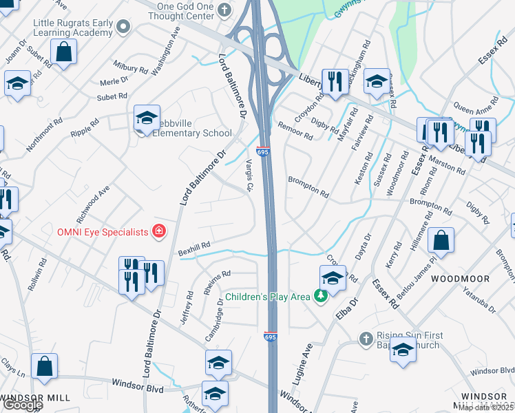 map of restaurants, bars, coffee shops, grocery stores, and more near 6905 Bexhill Road in Milford Mill