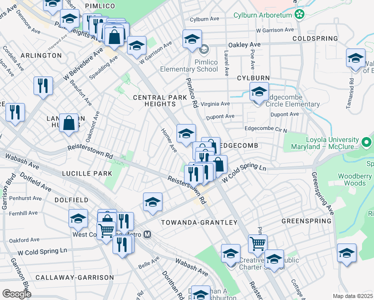 map of restaurants, bars, coffee shops, grocery stores, and more near 4506 Park Heights Avenue in Baltimore