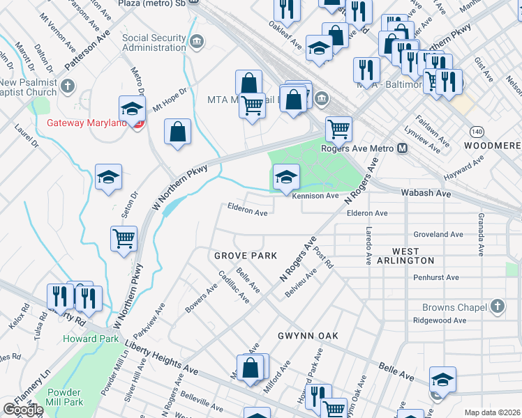 map of restaurants, bars, coffee shops, grocery stores, and more near 5564 Elderon Avenue in Baltimore