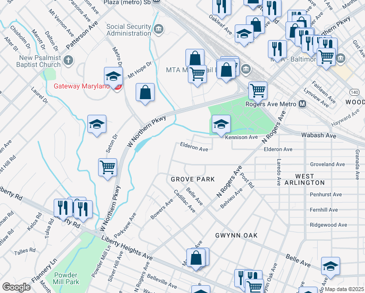 map of restaurants, bars, coffee shops, grocery stores, and more near 5611 Elderon Avenue in Baltimore