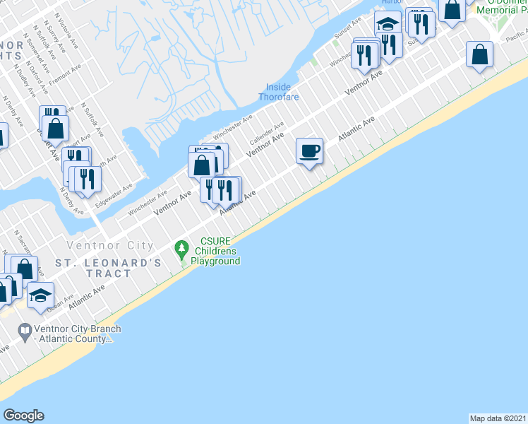 map of restaurants, bars, coffee shops, grocery stores, and more near 114 South Nashville Avenue in Ventnor City