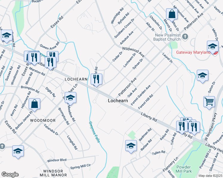 map of restaurants, bars, coffee shops, grocery stores, and more near 3604 Sylvan Drive in Baltimore
