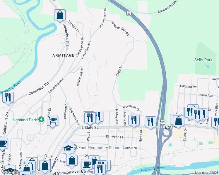 map of restaurants, bars, coffee shops, grocery stores, and more near 12 Cable Lane in Athens