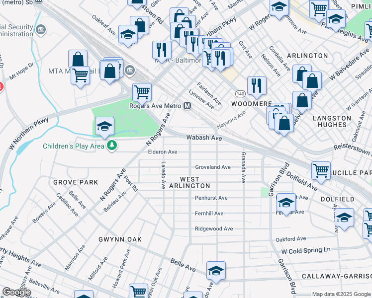 map of restaurants, bars, coffee shops, grocery stores, and more near 4302 Elderon Avenue in Baltimore