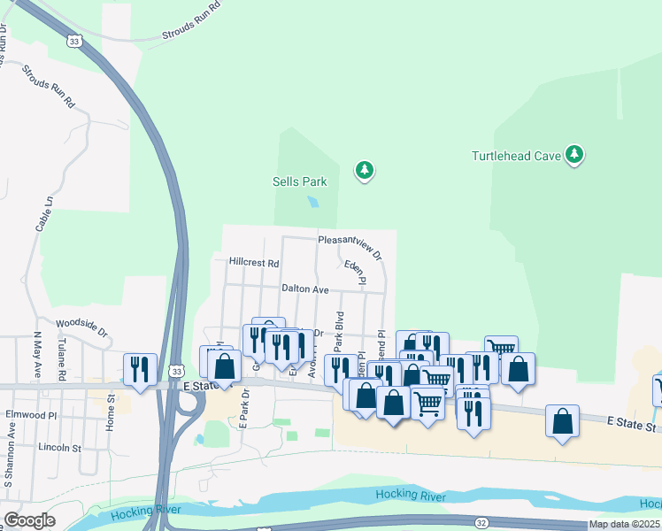 map of restaurants, bars, coffee shops, grocery stores, and more near 58 Eden Place in Athens