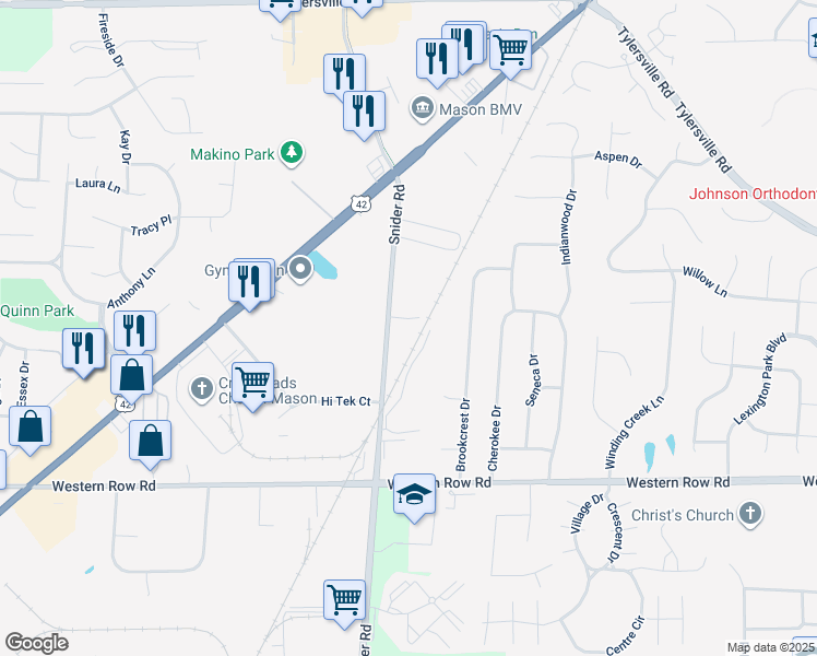 map of restaurants, bars, coffee shops, grocery stores, and more near 5967 Snider Cove Way in Mason