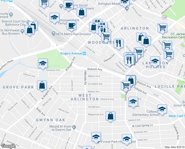map of restaurants, bars, coffee shops, grocery stores, and more near 4210 Elderon Avenue in Baltimore