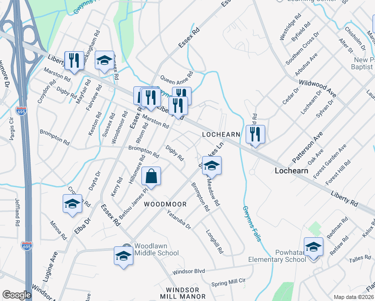 map of restaurants, bars, coffee shops, grocery stores, and more near 3301 Firelight Lane in Lochearn