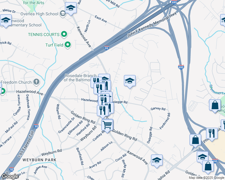 map of restaurants, bars, coffee shops, grocery stores, and more near 6200 Kenwood Avenue in Baltimore