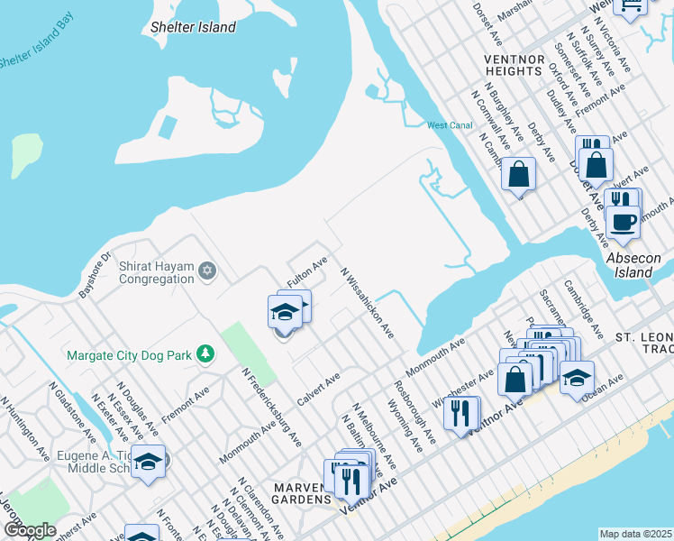 map of restaurants, bars, coffee shops, grocery stores, and more near 410 North Wissahickon Avenue in Ventnor City