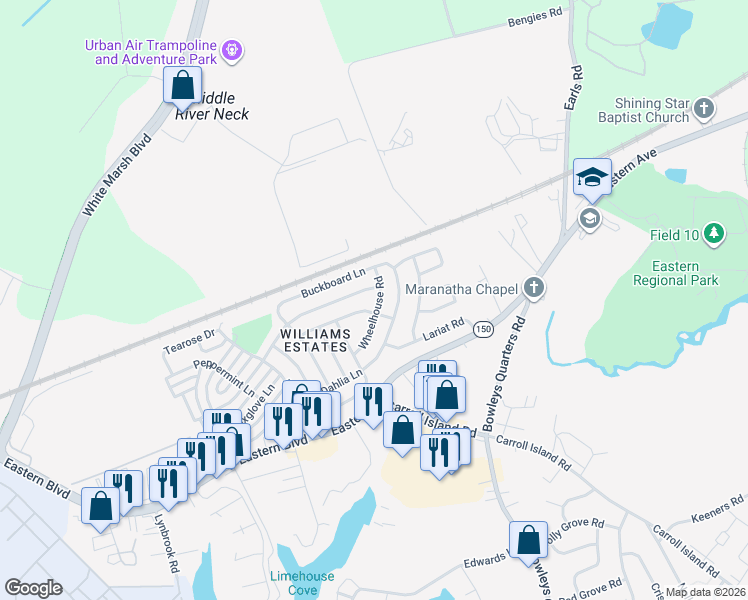 map of restaurants, bars, coffee shops, grocery stores, and more near 3606 Wheelhouse Road in Middle River