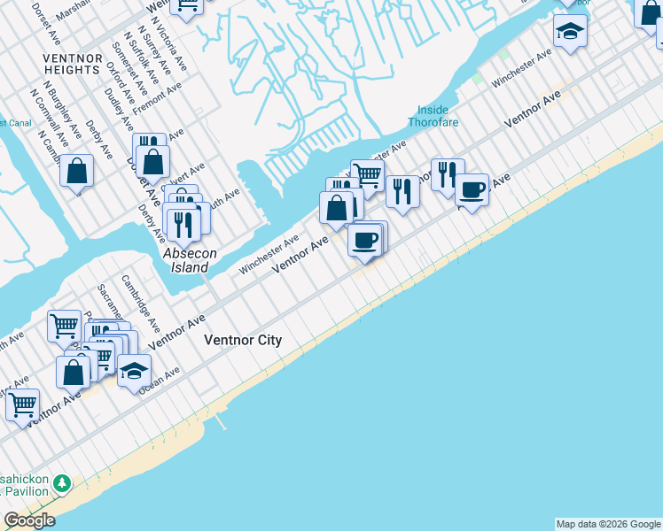 map of restaurants, bars, coffee shops, grocery stores, and more near 19 South Surrey Avenue in Ventnor City