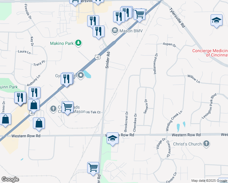 map of restaurants, bars, coffee shops, grocery stores, and more near 5967 Snider Cove Way in Mason