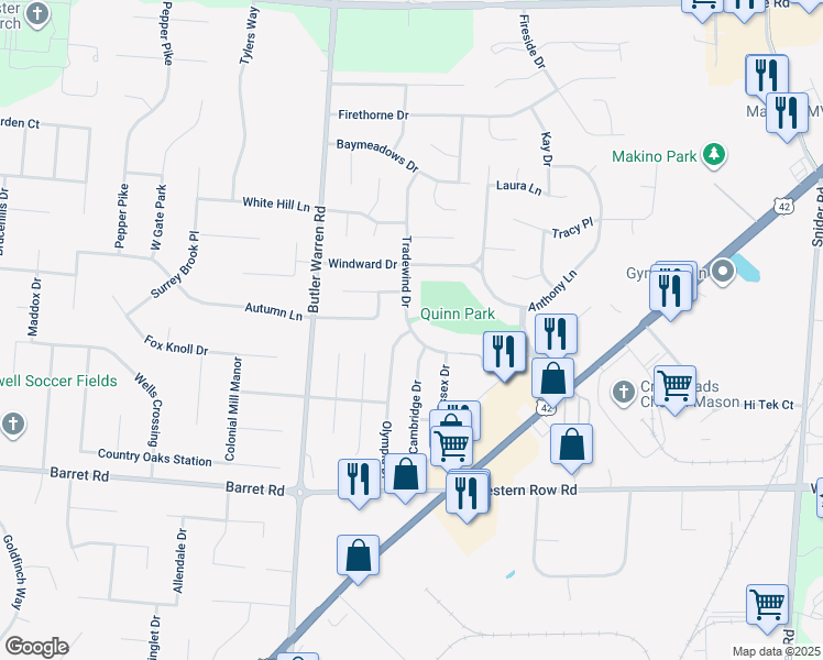 map of restaurants, bars, coffee shops, grocery stores, and more near 880 Tradewind Drive in Mason
