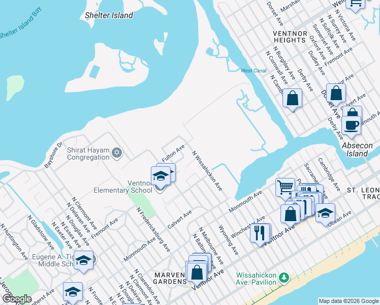 map of restaurants, bars, coffee shops, grocery stores, and more near 410 North Wissahickon Avenue in Ventnor City