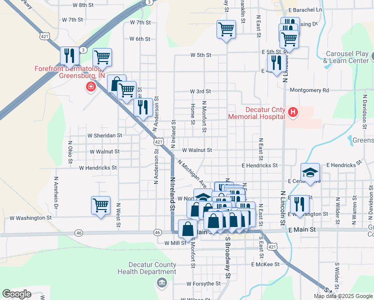 map of restaurants, bars, coffee shops, grocery stores, and more near 316 West Walnut Street in Greensburg