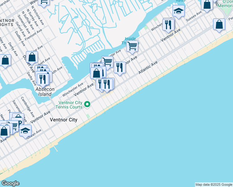map of restaurants, bars, coffee shops, grocery stores, and more near 107 South Frankfort Avenue in Ventnor City