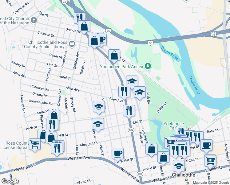 map of restaurants, bars, coffee shops, grocery stores, and more near 429 Church Street in Chillicothe