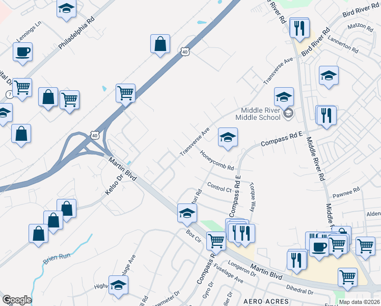 map of restaurants, bars, coffee shops, grocery stores, and more near 2 Catapult Court in Middle River