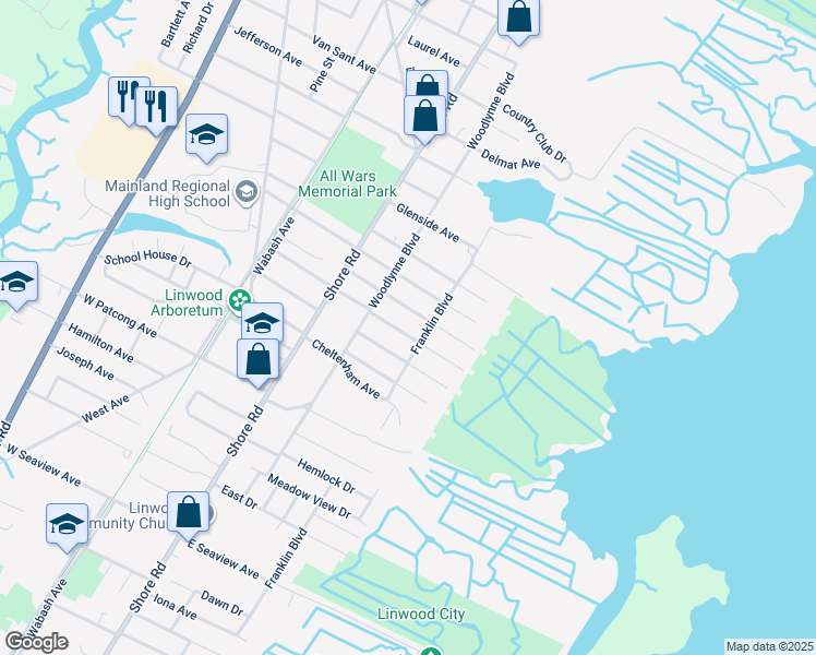 map of restaurants, bars, coffee shops, grocery stores, and more near 118 Berkshire Avenue in Linwood