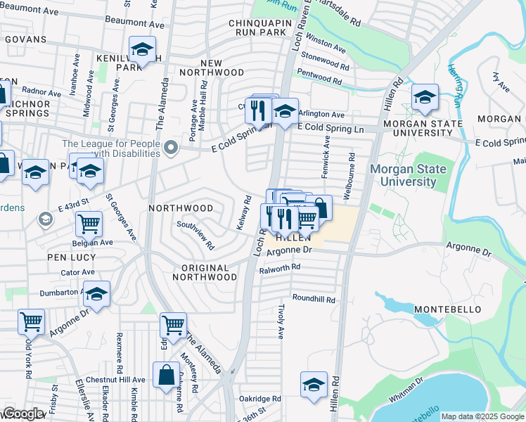 map of restaurants, bars, coffee shops, grocery stores, and more near 4226 Loch Raven Boulevard in Baltimore