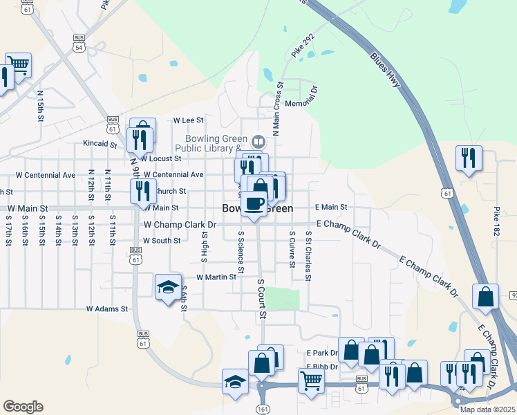 map of restaurants, bars, coffee shops, grocery stores, and more near 201 West Main Street in Bowling Green