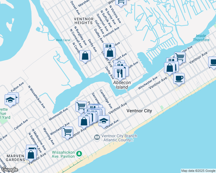 map of restaurants, bars, coffee shops, grocery stores, and more near 6104 Monmouth Avenue in Ventnor City