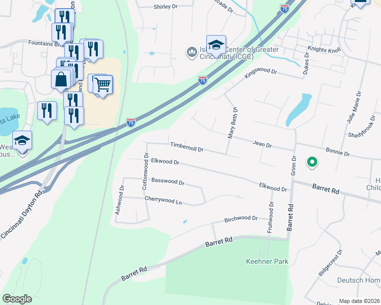 map of restaurants, bars, coffee shops, grocery stores, and more near 7253 Timbernoll Drive in Butler County