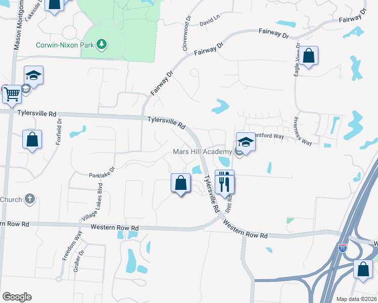 map of restaurants, bars, coffee shops, grocery stores, and more near 4125 East Village Drive in Mason