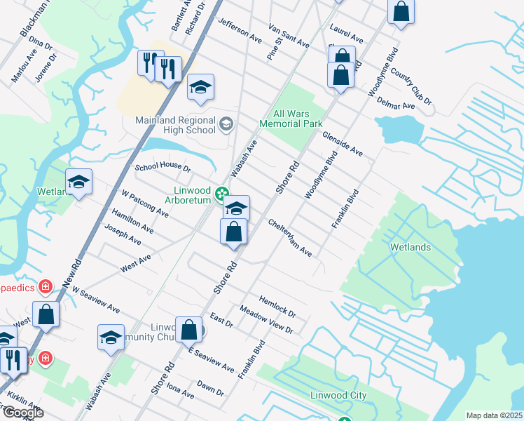 map of restaurants, bars, coffee shops, grocery stores, and more near 1439 Shore Road in Linwood