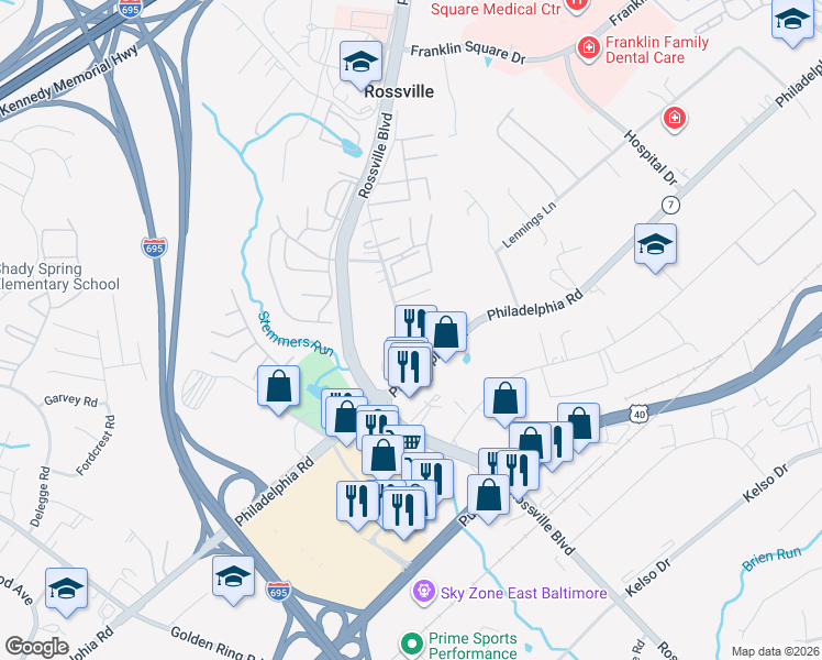 map of restaurants, bars, coffee shops, grocery stores, and more near 6513 Ridge Road in Rosedale